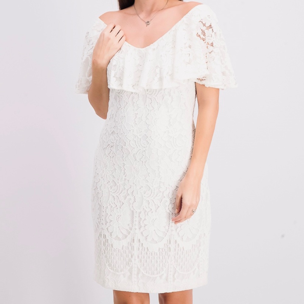 🆕 Ralph Lauren Floral White Lace Dress w/Ruffle Neckline Size 0 NWT